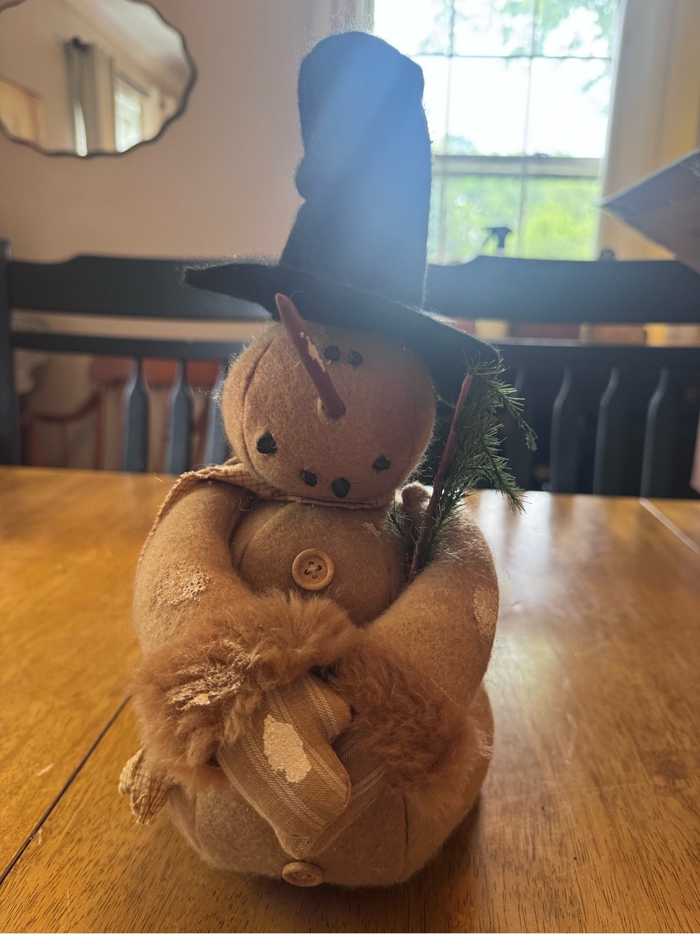 Primitive Handmade Brown Snowman Holiday Decor with Black Hat